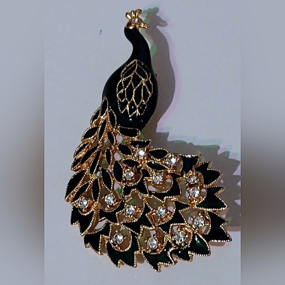 Black and Gold Peacock Brooch *Rare Find